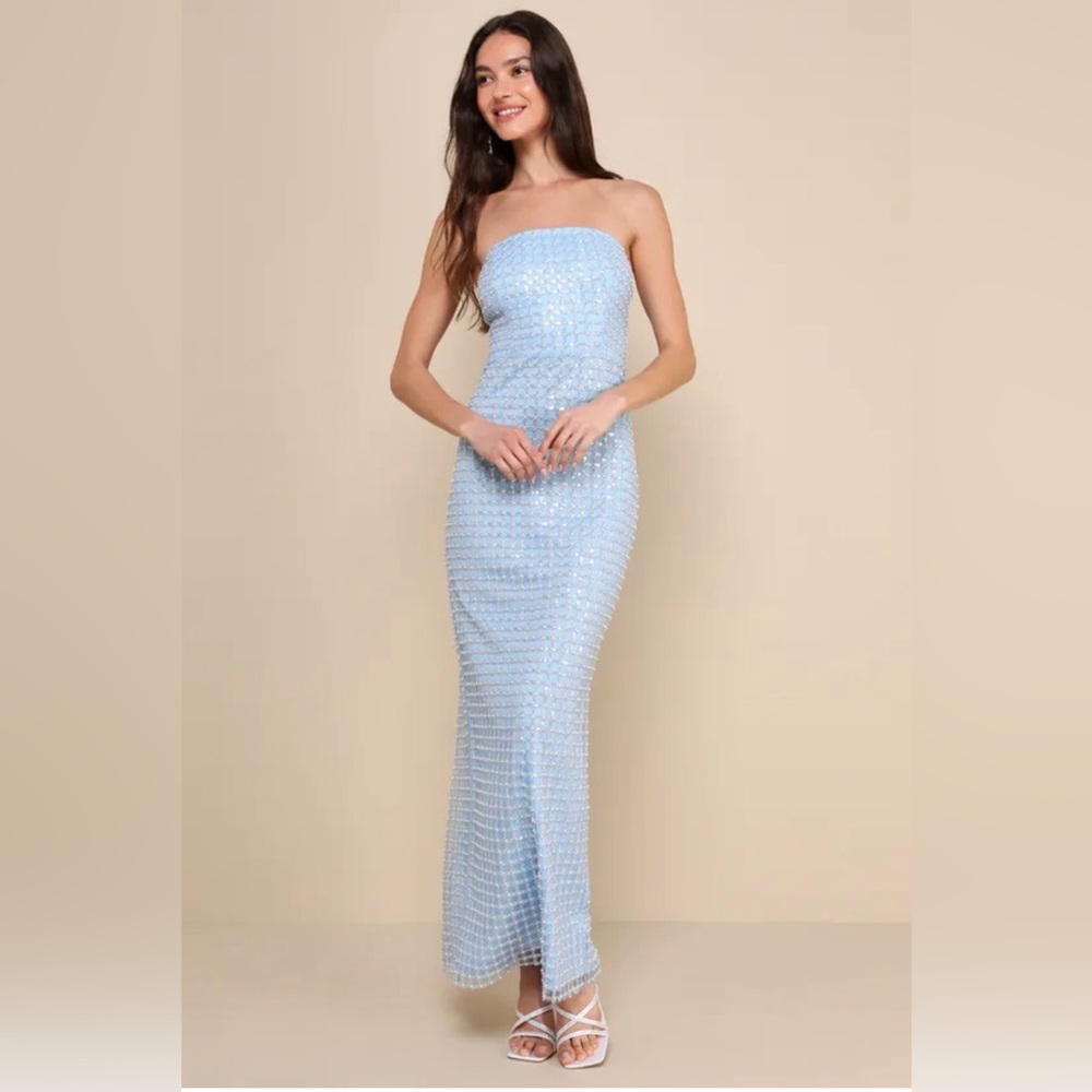 Lulus Perfectly Luxurious Light Blue Pearl Strapless Maxi Dress, size small
